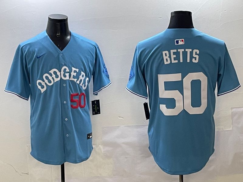 Men Los Angeles Dodgers 50 Betts Light Blue Throwback Game 2025 Nike MLB Jersey style 11